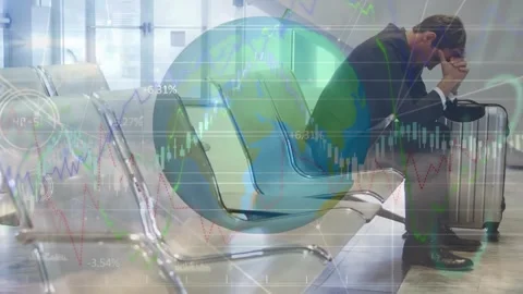 Animation of data processing and globe over caucasian businessman at airport Stock Footage 330344480