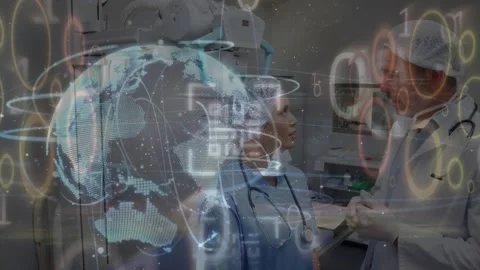 Animation of data processing and globe over caucasian doctors talking Stock Footage 330657818