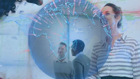 Animation of data processing and globe over diverse female colleagues shaking Stock Footage 330780083