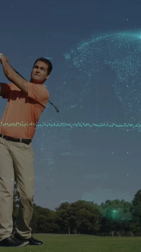 Animation of data processing and globe over caucasian man playing golf at the Stock Footage 344243912
