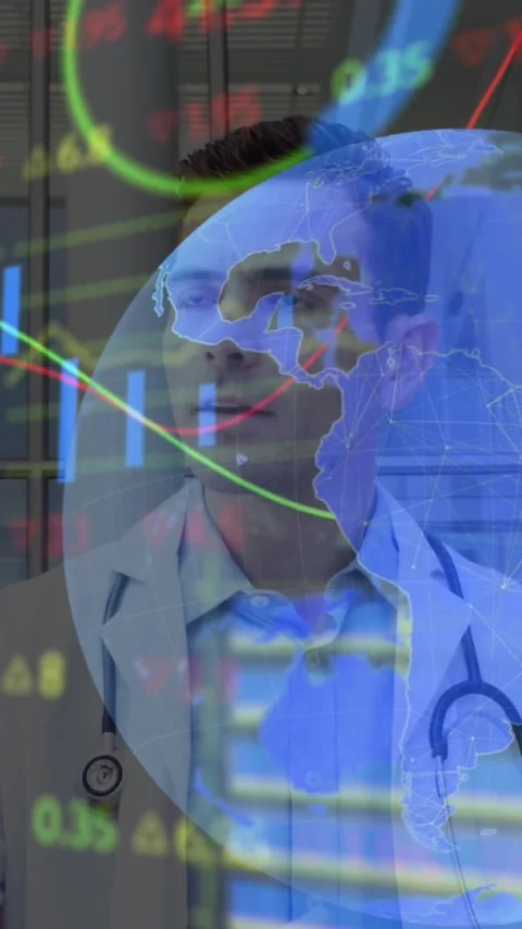 Animation of data processing and globe over diverse doctors Stock Footage 344745487