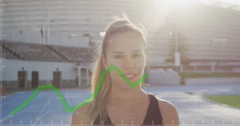 Animation of data processing and green line over caucasian woman exercising 動画素材 329854401