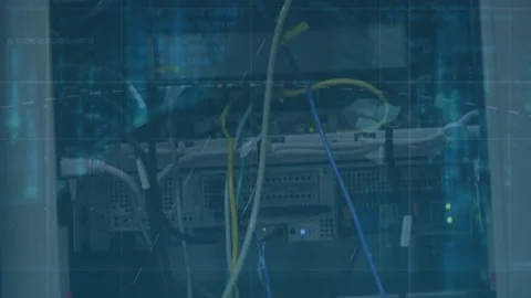 Animation of data processing and hacker over wires in server room Stock Footage 329853517