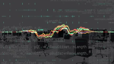 Animation of data processing and hacking text over office lines Stock Footage 327901696