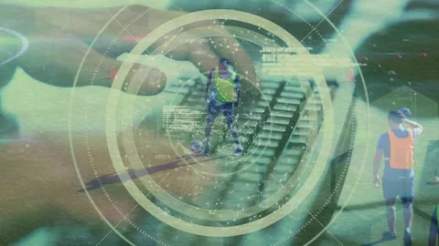 Animation of data processing and hands of programmer over diverse male soccer Stock-Footage 330341583