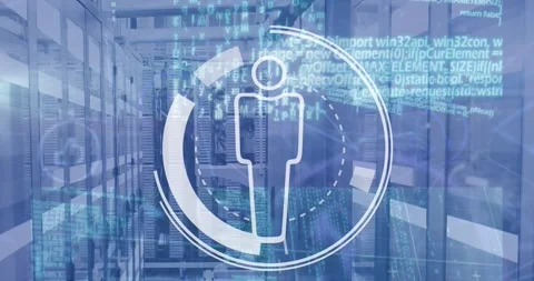 Animation of data processing and human icon with scope scanning over server room Vídeos de archivo 328255292