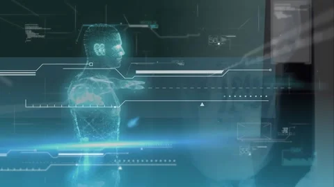 Animation of data processing and human model on black background Stock Footage 330057832
