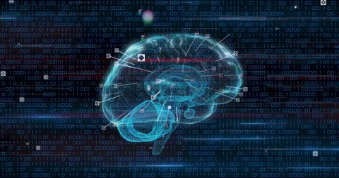 Animation of data processing and icons over digital brain spinning Stock Footage 267185121