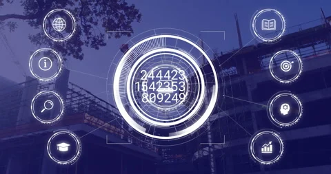 Animation of data processing and icons over building site Vídeos de archivo 309169611