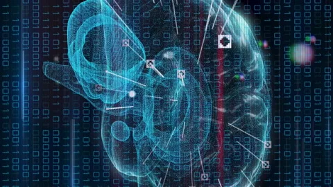 Animation of data processing and icons over digital brain spinning Stock Footage 312533033
