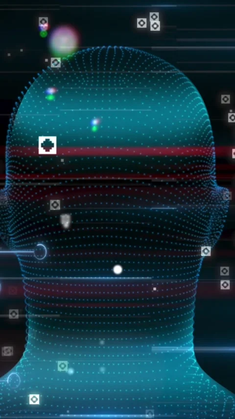 Animation of data processing and icons with digital head on black background Video stock 324023342
