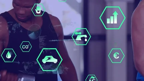 Animation of data processing and icons over man exercising 動画素材 328974510