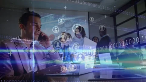 Animation of data processing and icons over diverse business people using Stock Footage 330728281