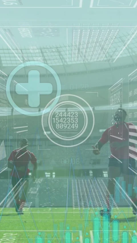 Animation of data processing and icons over diverse rugby players at stadium Stock Footage 344556324