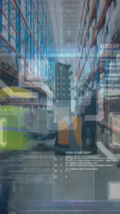 Animation of data processing and integrated circuit over warehouse Stock Footage 344722551