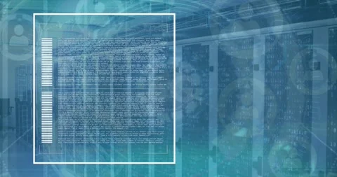 Animation of data processing and interface charts over computer server room Stock Footage 327899008