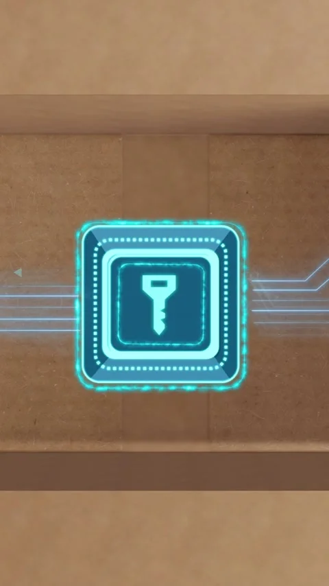 Animation of data processing and key icon with circuit board over cardboard box Vídeos de archivo 320663427