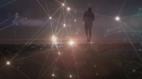 Animation of data processing and light spots over man running Stock Footage 202230323