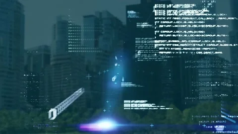 Animation of data processing and light spot against aerial view of cityscape 動画素材 238060614