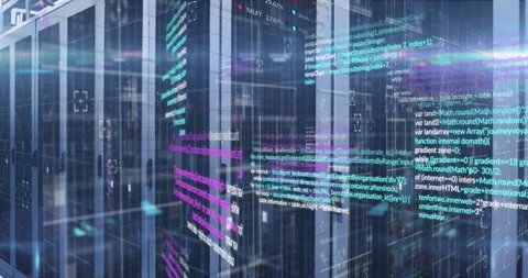 Animation of data processing and light spots against empty computer server room Stock Footage 326626080