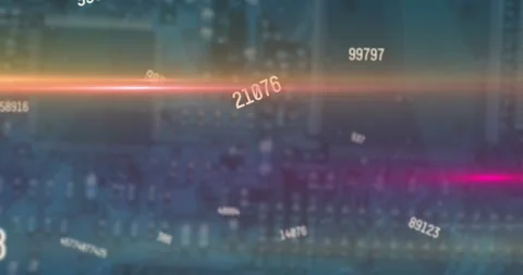 Animation of data processing and light trails over computing board Video stock 328299636