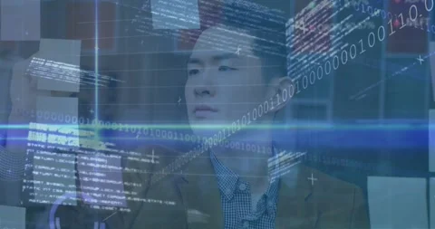 Animation of data processing and light trails over asian businessman writing on Stock Footage 328594365