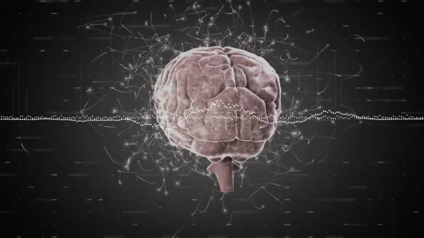 Animation of data processing and light trails over brain Stock Footage 328934837