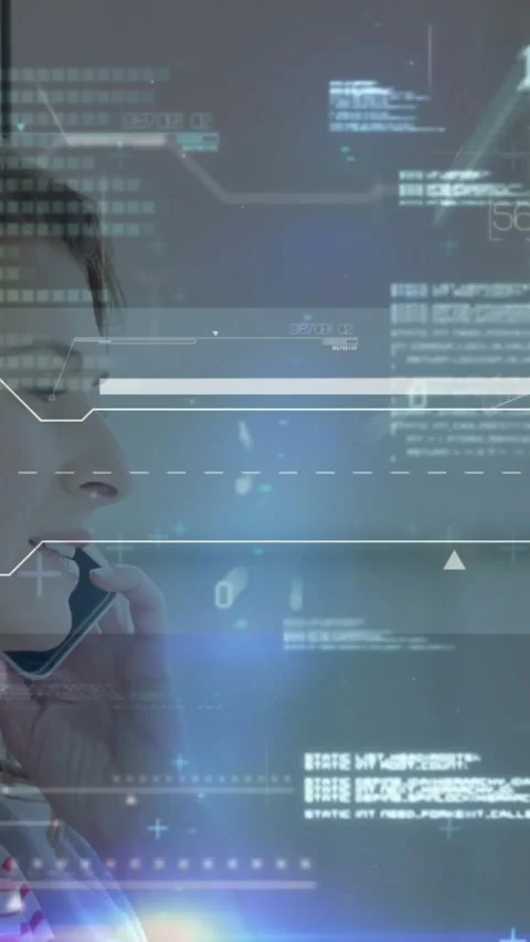 Animation of data processing and light spots over caucasian businesswoman Stock Footage 344556847