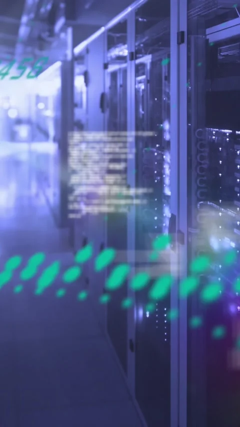 Animation of data processing and light spot against computer server room Stock Footage 344723230