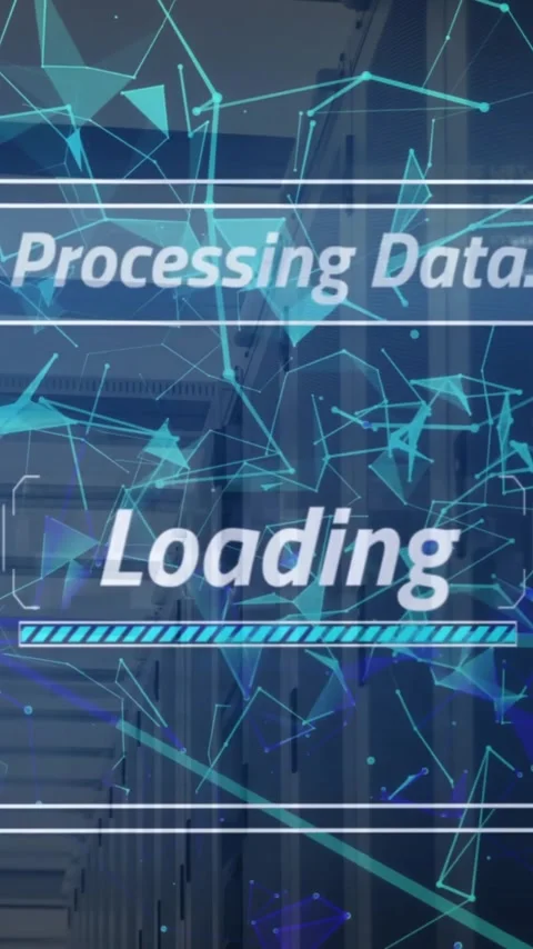 Animation of data processing and loading bar with shapes over server room Stock Footage 320444721