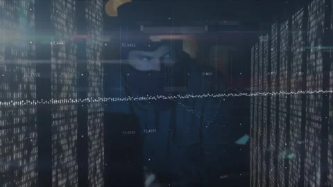 Animation of data processing and male hacker over computer servers Stock Footage 327450182