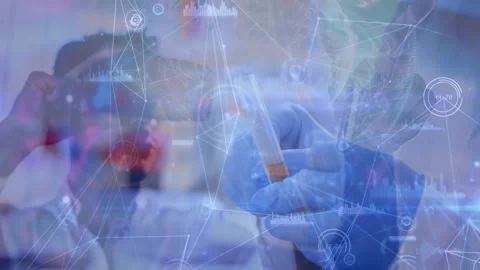 Animation of data processing and man with vr headset over doctor with test tube Stock Footage 327782828