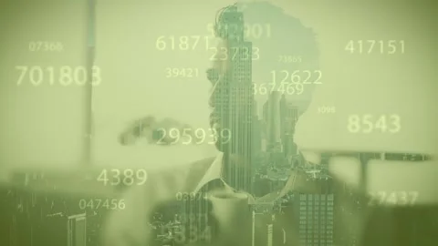 Animation of data processing and man drinking coffee over cityscape Stock Footage 328588766