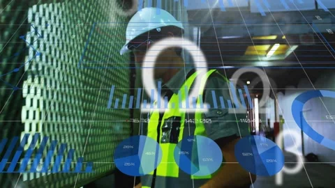 Animation of data processing and math symbols over caucasian male worker with Video stock 327846412