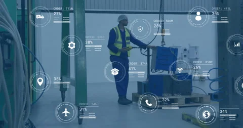 Animation of data processing and media icons over biracial male worker working Stock Footage 266477260