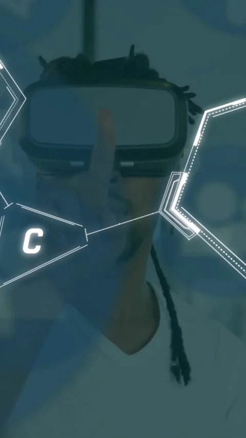 Animation of data processing and media icons over man using vr headset Video stock 342650571