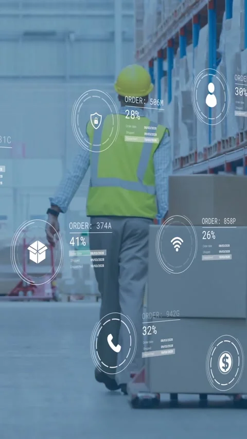 Animation of data processing and media icons over caucasian male worker walking Stock Footage 342806169
