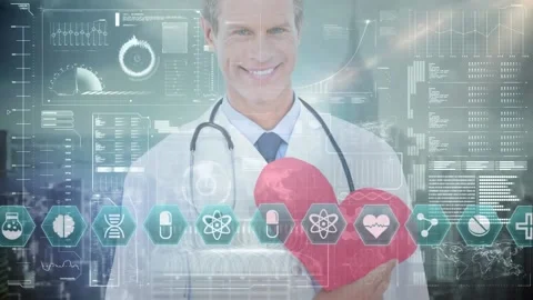 Animation of data processing and medical icons over smiling caucasian male Video stock 164317920