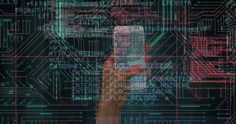 Animation of data processing and microprocessor connections over hand holding a Vídeo Stock 203883049