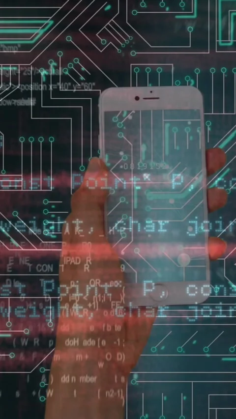 Animation of data processing and microprocessor connections over hand holding a Vídeo Stock 343091859