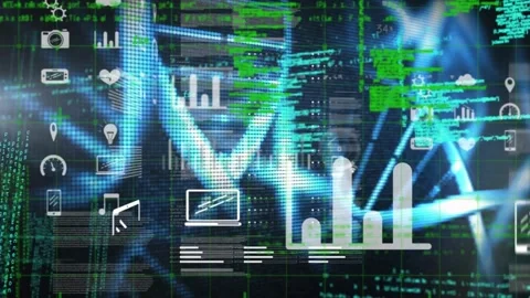 Animation of data processing and molecules dna strand on black background Stock Footage 329857782