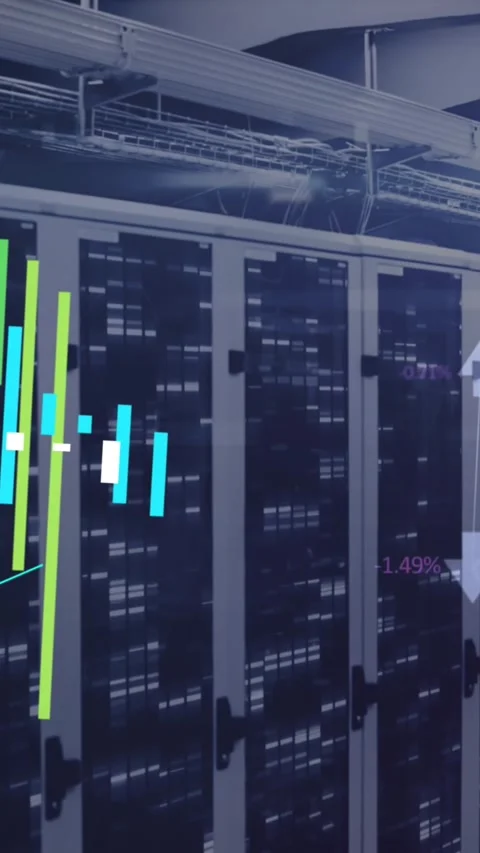 Animation of data processing and mosaic squares against computer server room Stock Footage 319415728