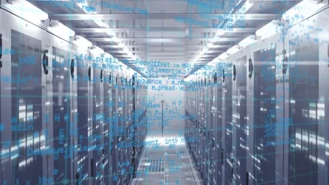 Animation of data processing and mosaic squares over empty computer server room Stock Footage 330113733