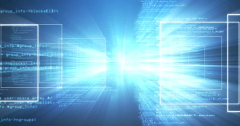 Animation of data processing and network of screens on blue background Video stock 130726989