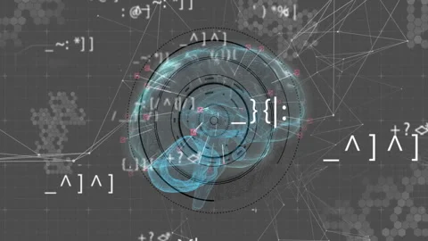 Animation of data processing and network of connections over digital brain on Stock Footage 309356900