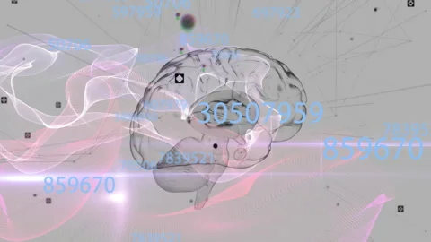 Animation of data processing and network of connections over digital brain on Stock Footage 309356901