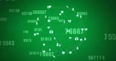 Animation of data processing and network of connections with icons over green 库存影片 310765700