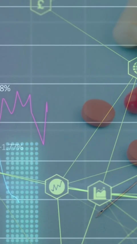 Animation of data processing and network of connections with icons over pills Stock Footage 324022059