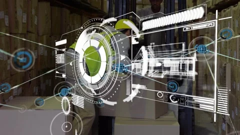 Animation of data processing and network of icons over male worker stacking Stock Footage 326751510
