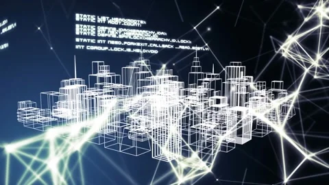 Animation of data processing and network of connections over 3d cityscape Stock Footage 330583266
